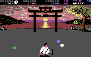 IK+ C64 gameplay - three fighters with colourful backgrounds
