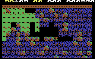 Boulder Dash C64 later cave screenshot showing more complex boulder arrangements