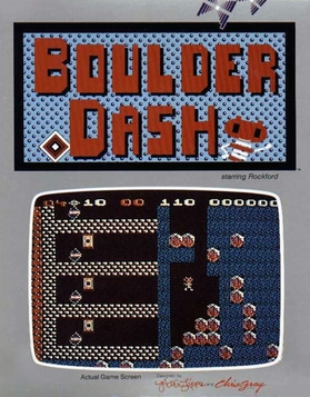 Boulder Dash 1984 original box art - Rockford character and game logo on dark background