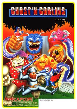 Ghosts 'n Goblins (Arcade, 1985) - flyer featuring Sir Arthur in the moonlit graveyard