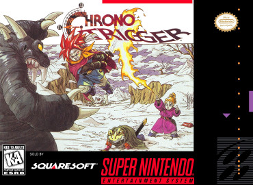 Chrono Trigger SNES box art - the Epoch time machine soars above the land