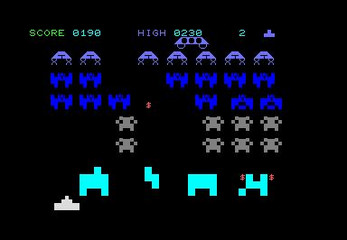 PET Space Invaders (colour version) gameplay showing blue aliens