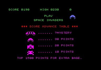 PET Space Invaders score advance table showing alien point values