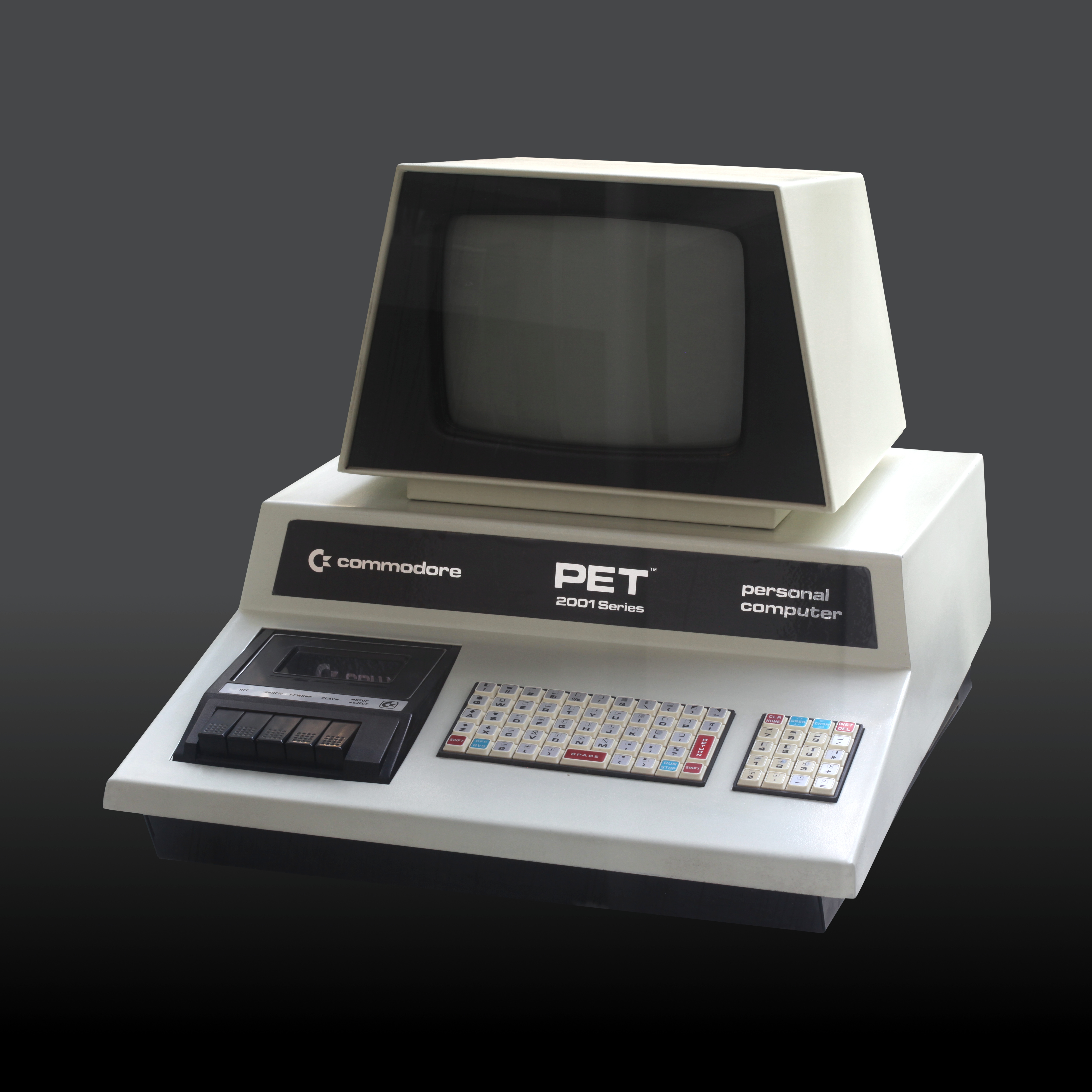 Commodore PET 2001 Series studio photograph showing chiclet keyboard and built-in cassette drive