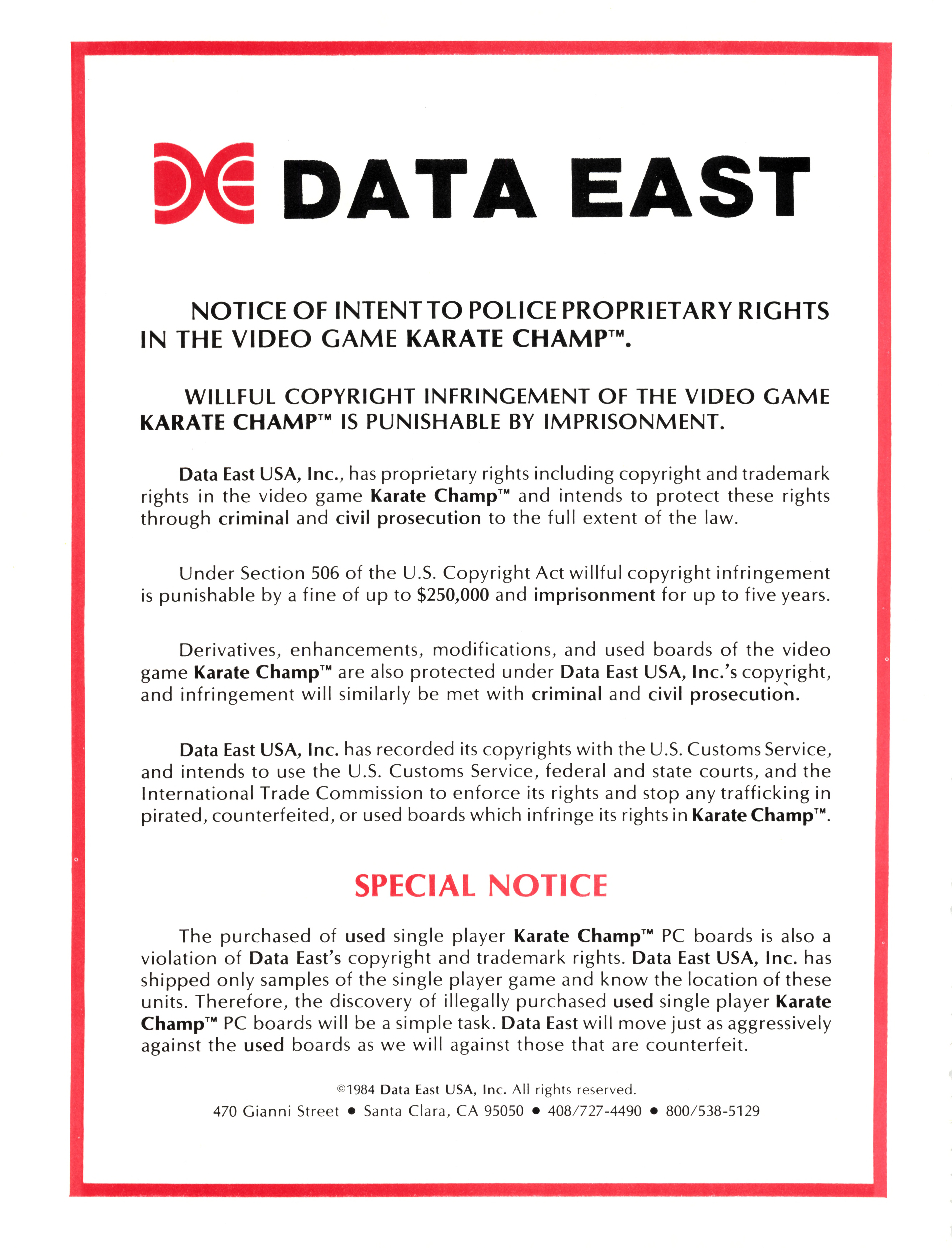 Data East Notice of Intent to Police Rights of Karate Champ, Play Meter December 1984