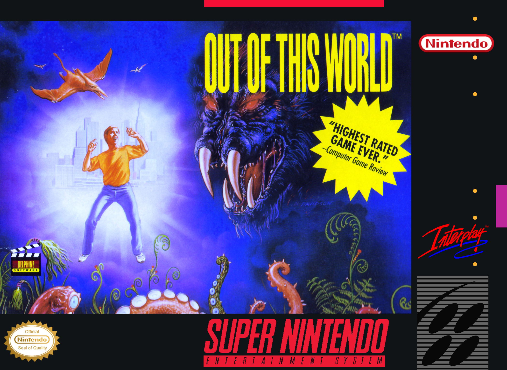 Another World (Out of This World) SNES/Mega Drive box art - man runs from alien creature