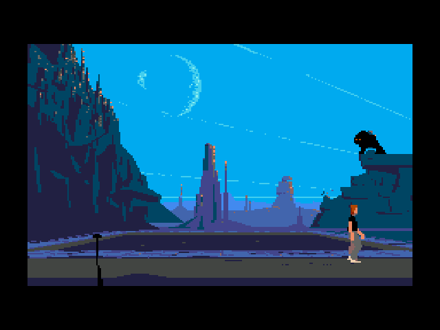 Another World Mega Drive - alien outdoor landscape with crescent moon and large creature on the cliffs
