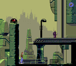Flashback Mega Drive - Conrad Hart in New Washington cityscape with robot enemy