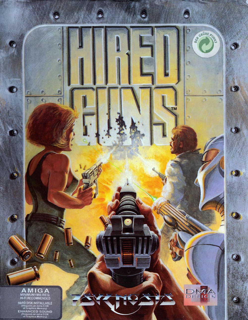 Hired Guns Amiga box art showing four mercenaries in a sci-fi corridor