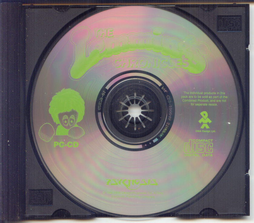 The Lemmings Chronicles PC-CD disc in jewel case - green label with DMA Design lemming mascot and Psygnosis publisher mark.