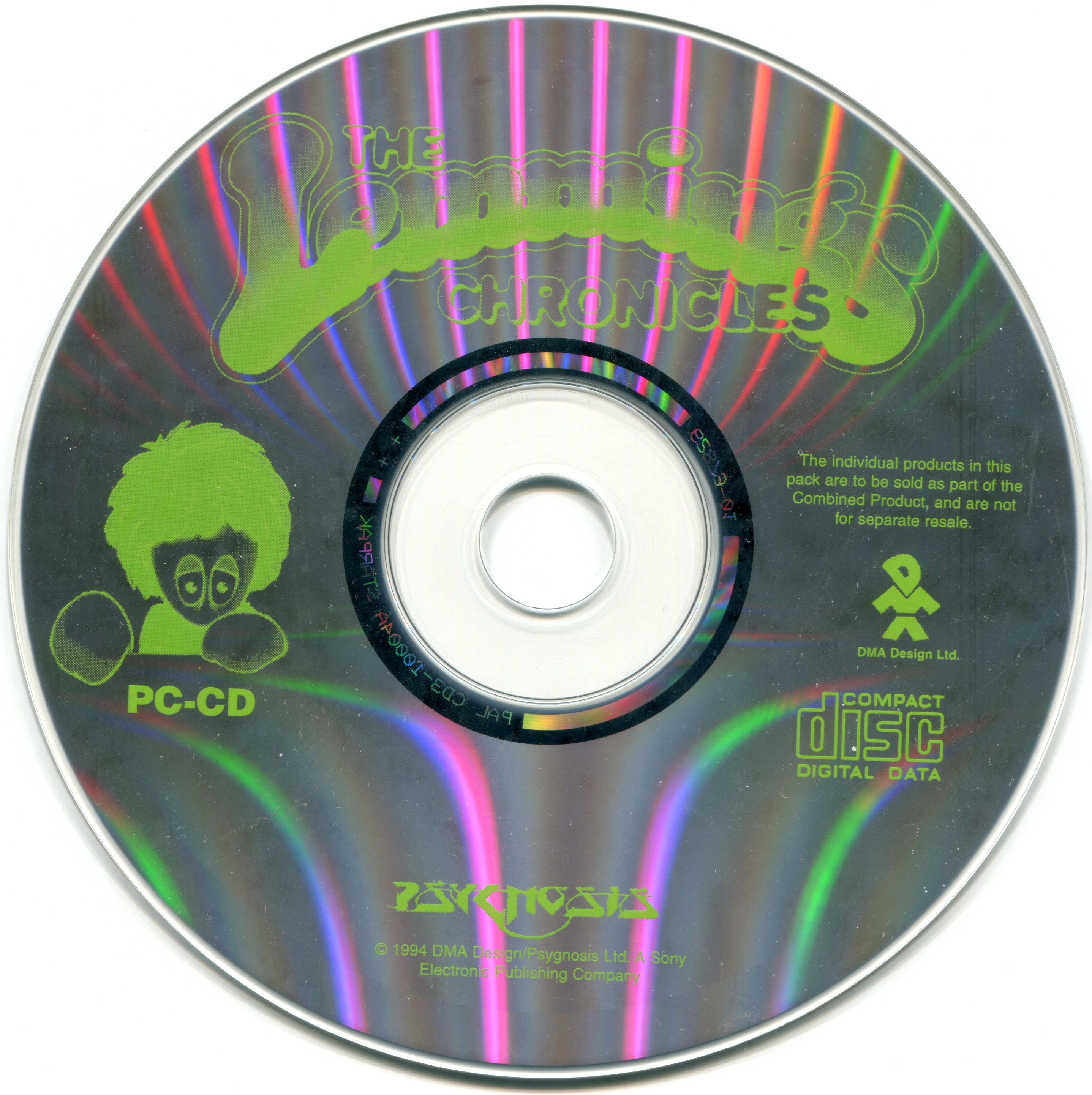 The Lemmings Chronicles PC-CD disc flat scan showing DMA Design Ltd logo and lemming mascot.