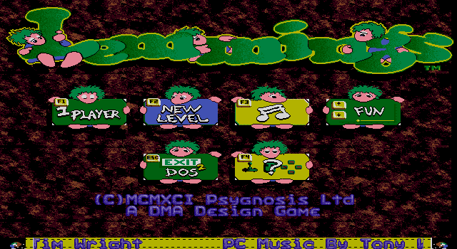 Lemmings (DOS) title screen showing the classic Lemmings logo with lemming characters and game menu. Music credit Tim Wright visible.