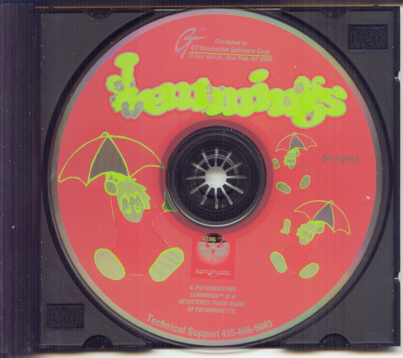 Lemmings PC-CD disc - pink label with Lemmings logo and character artwork, GT Interactive / Psygnosis distribution.