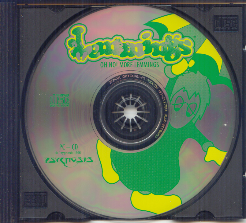 Oh No! More Lemmings PC-CD disc - green label with Lemmings logo, Psygnosis 1995.