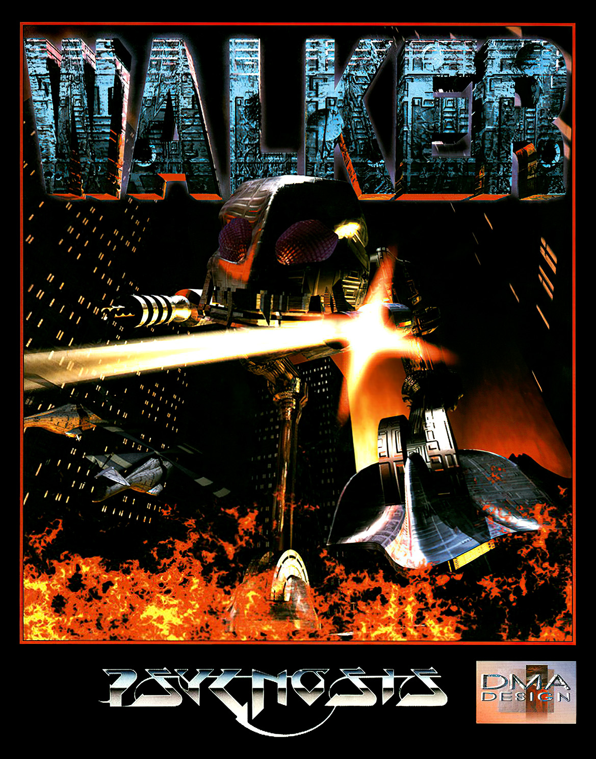 Walker Amiga box art showing a bipedal mech walker in a WWII London setting
