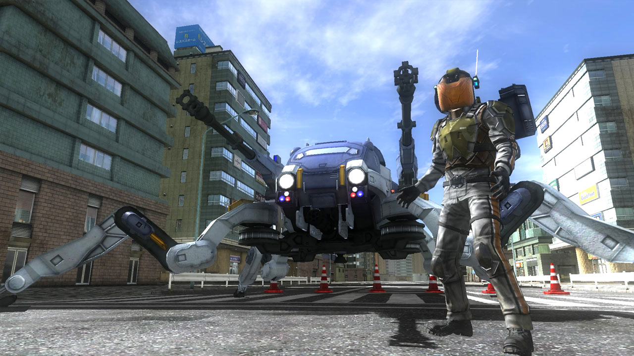 EDF 4.1 Ranger combat with giant spider enemies in ruined city