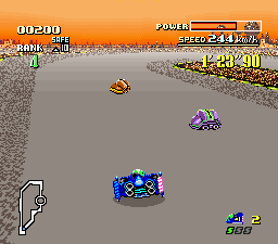 F-Zero SNES - Mode 7 racing on Mute City I, Blue Falcon leading at speed