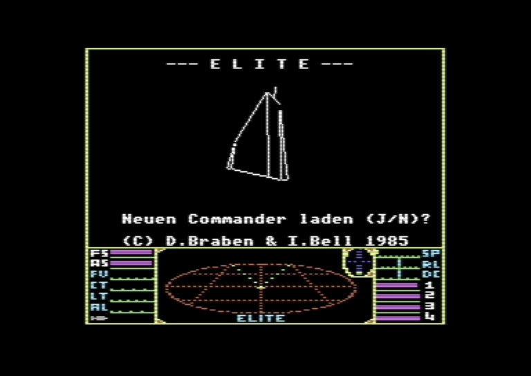 Elite - title screen with Cobra Mk III wireframe (Firebird, C64, 1985)