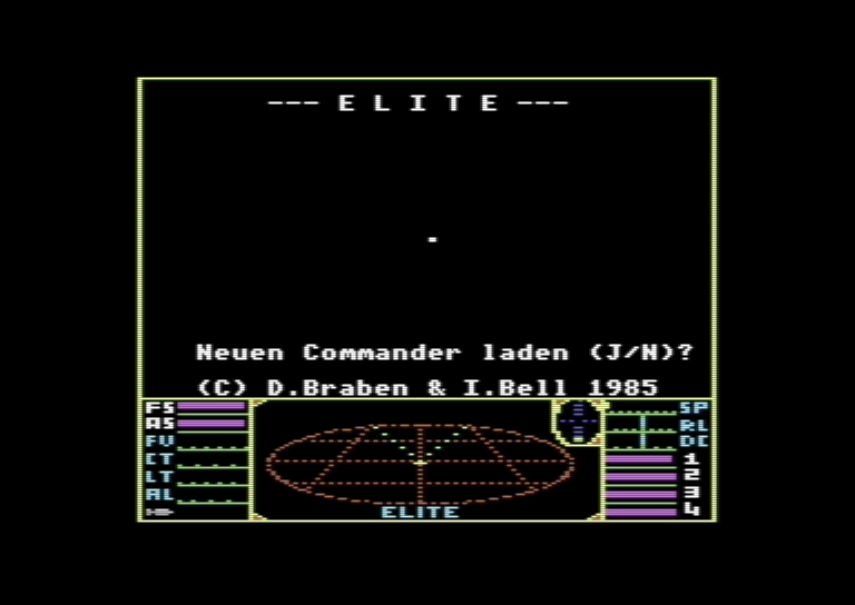 Elite - in-game view with HUD (Firebird, C64, 1985)