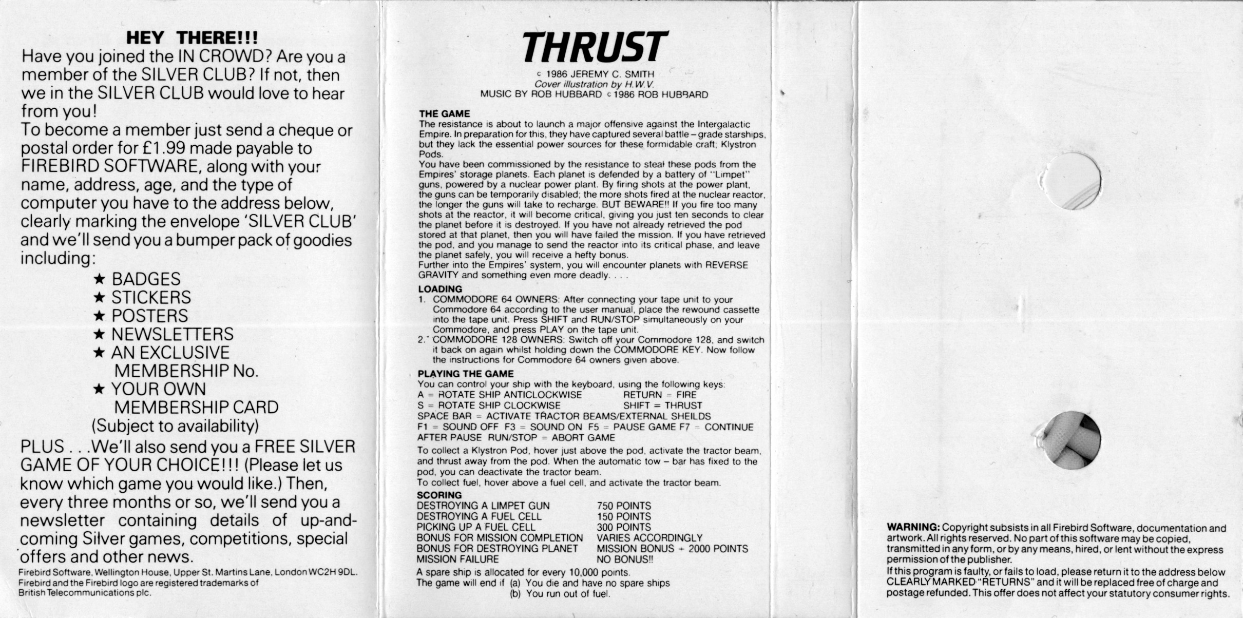Thrust - cassette inlay back (Firebird Silver, C64, 1986)