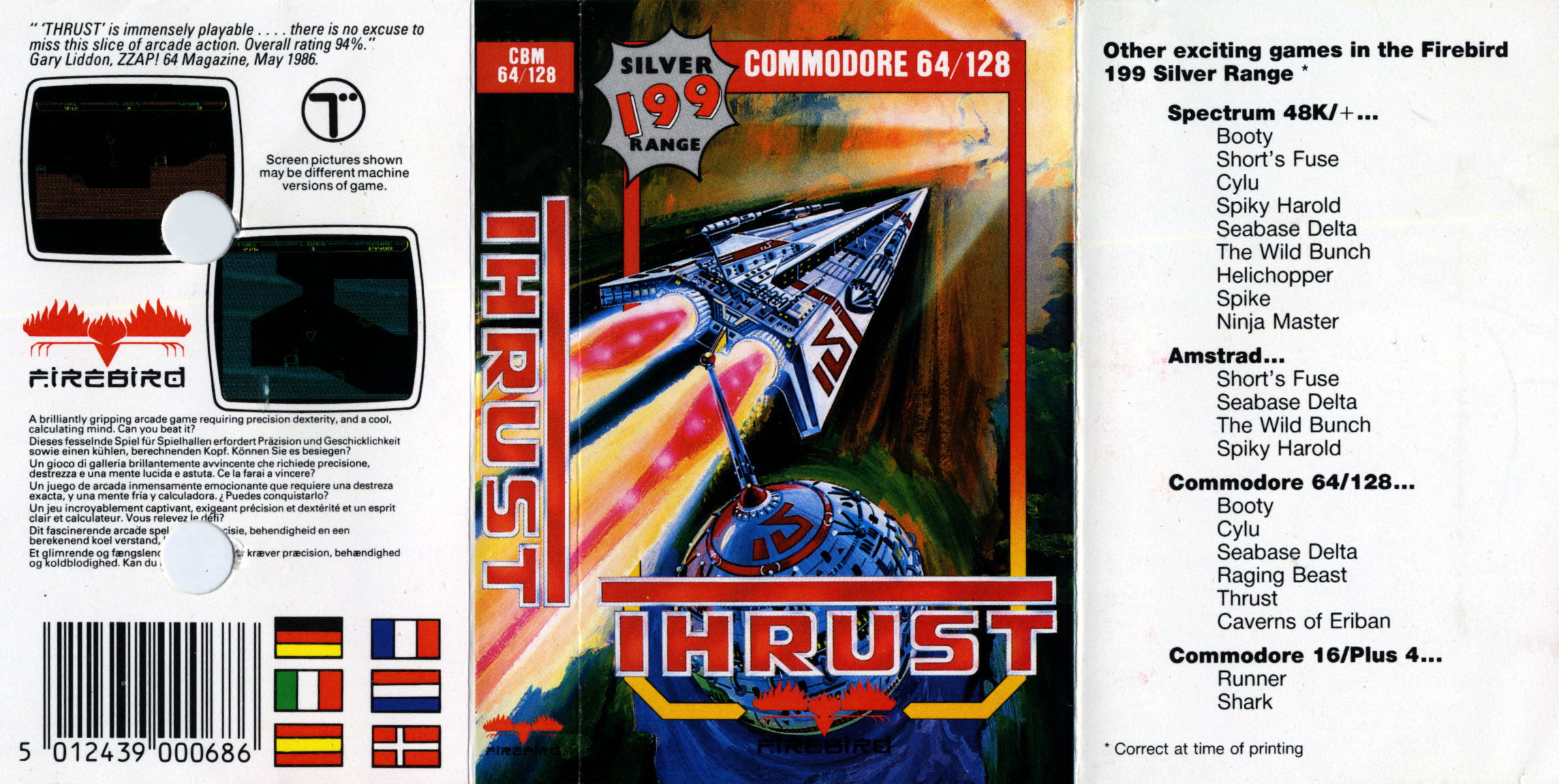 Thrust - cassette inlay front (Firebird Silver, C64, 1986)
