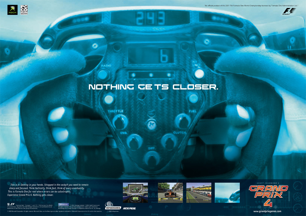 Grand Prix 4 promotional image - cockpit steering wheel view with Nothing Gets Closer tagline