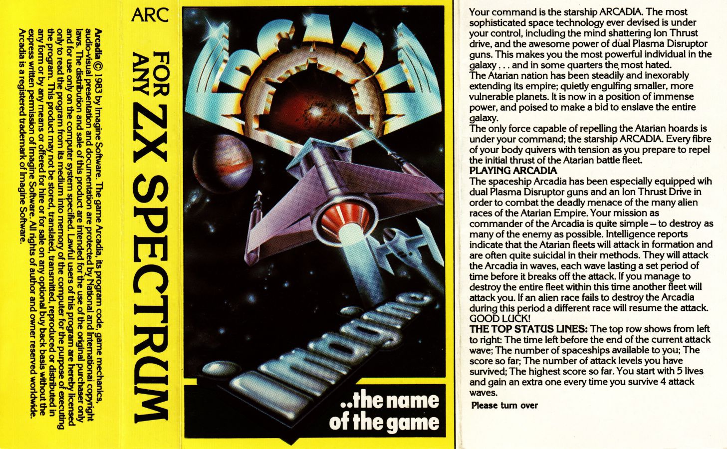 Arcadia ZX Spectrum cassette inlay - Imagine Software 1982, showing the Arcadia title against a starfield background