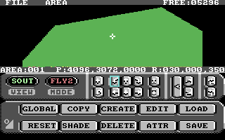 3D Construction Kit - Commodore 64 editor interface showing the 3D build area with a green floor polygon and tool palette