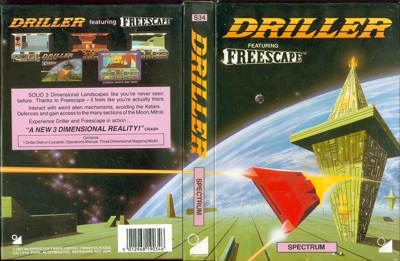 Driller - ZX Spectrum box art showing a wireframe 3D space station