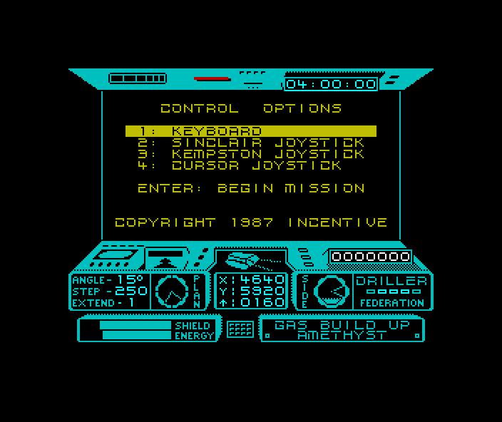 Driller - ZX Spectrum gameplay showing the Freescape wireframe engine from 1987 - the product of the team documented on this page