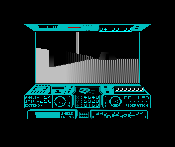 Driller - ZX Spectrum screenshot showing the interior of a module with wireframe geometry and status readout