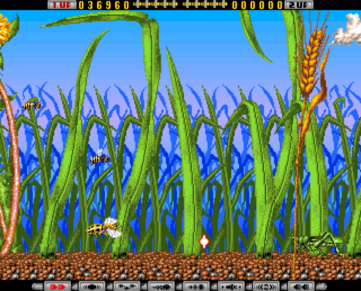 Apidya (1992, Amiga) - boss encounter screenshot showing a large insect enemy design