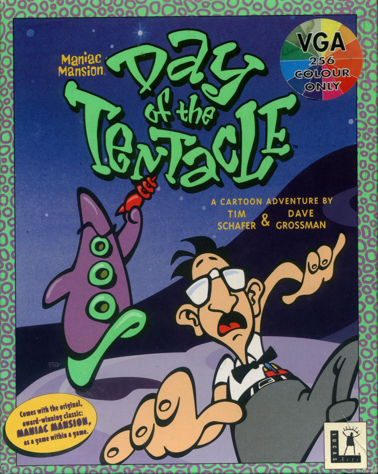 Day of the Tentacle box art featuring the colourful tentacle characters