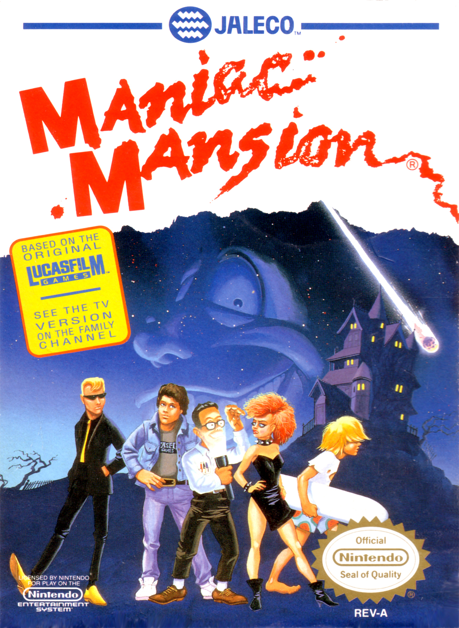 Maniac Mansion box art showing the spooky Edison mansion facade