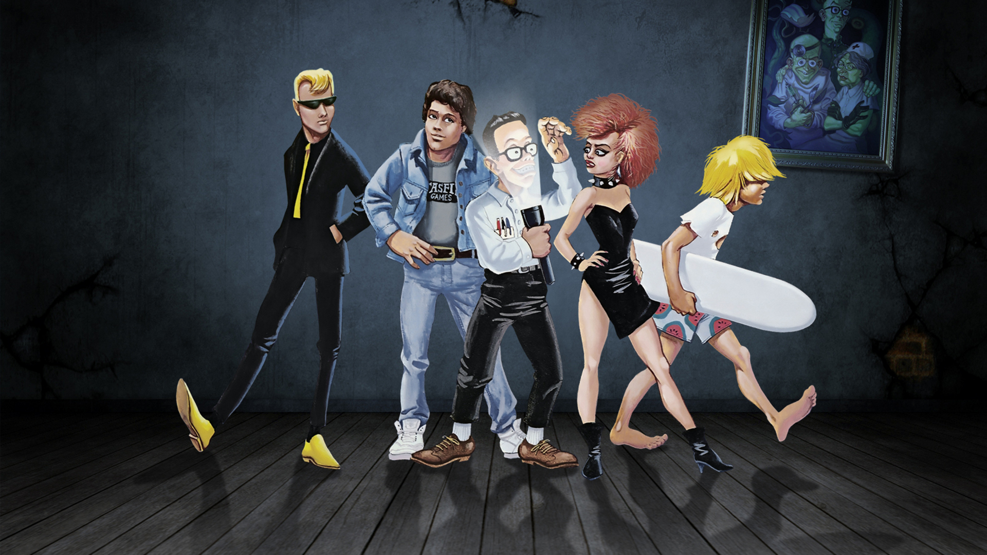 Maniac Mansion fan art depicting the Edison mansion and characters