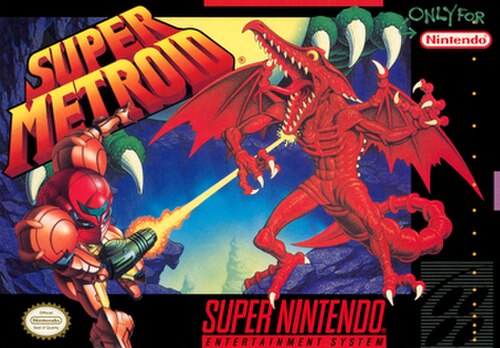 Super Metroid SNES box art - Samus faces Ridley with the baby Metroid