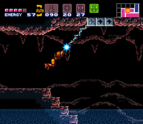 Super Metroid - Samus uses the Grapple Beam in the Zebes caverns