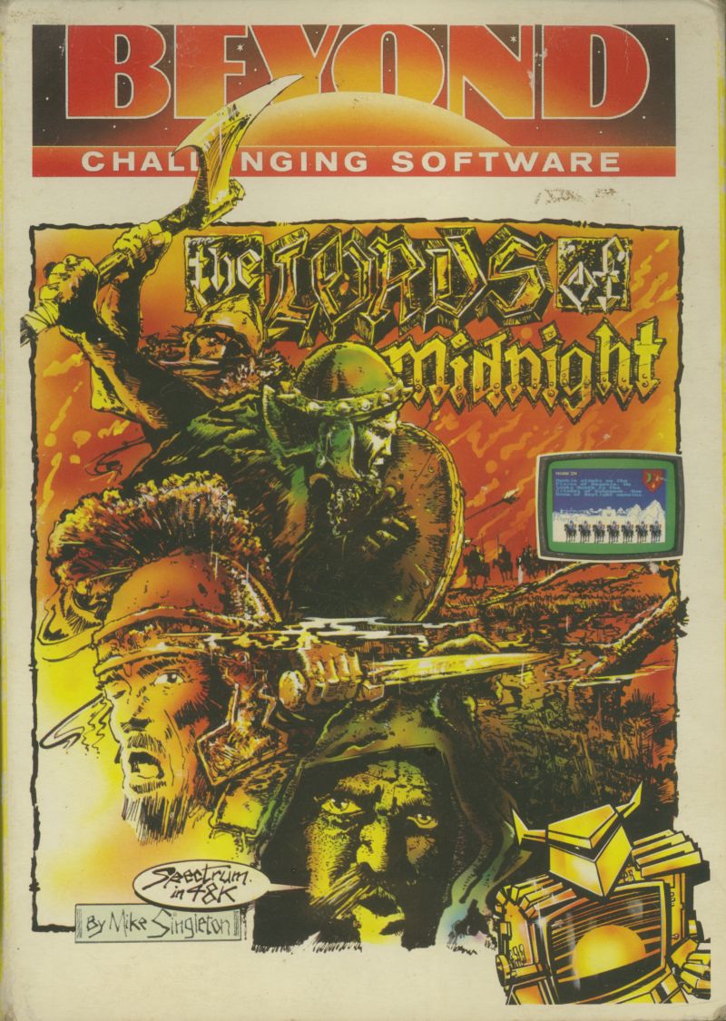 The Lords of Midnight ZX Spectrum box art, Beyond Software, 1984 - fantasy warriors in gold and green tones
