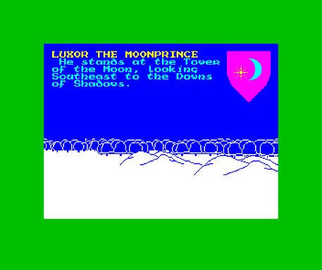 The Lords of Midnight ZX Spectrum gameplay screenshot showing the panoramic landscape engine and unit icons