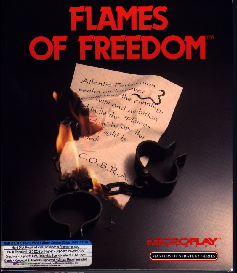 Midwinter II Flames of Freedom PC/DOS box art, MicroProse, 1991 - burning letter and shackles spy thriller imagery