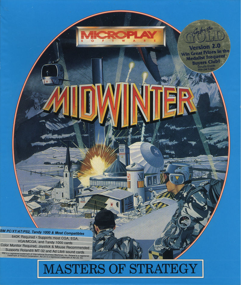Midwinter PC/DOS box art, MicroPlay Software Masters of Strategy Series, 1989 - ski soldier in winter combat with explosions and cable car