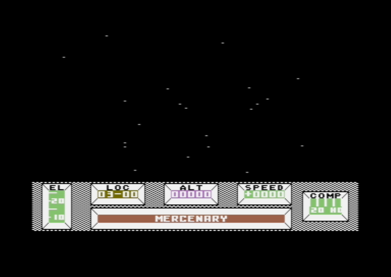 Mercenary C64 gameplay showing wireframe 3D buildings and terrain geometry