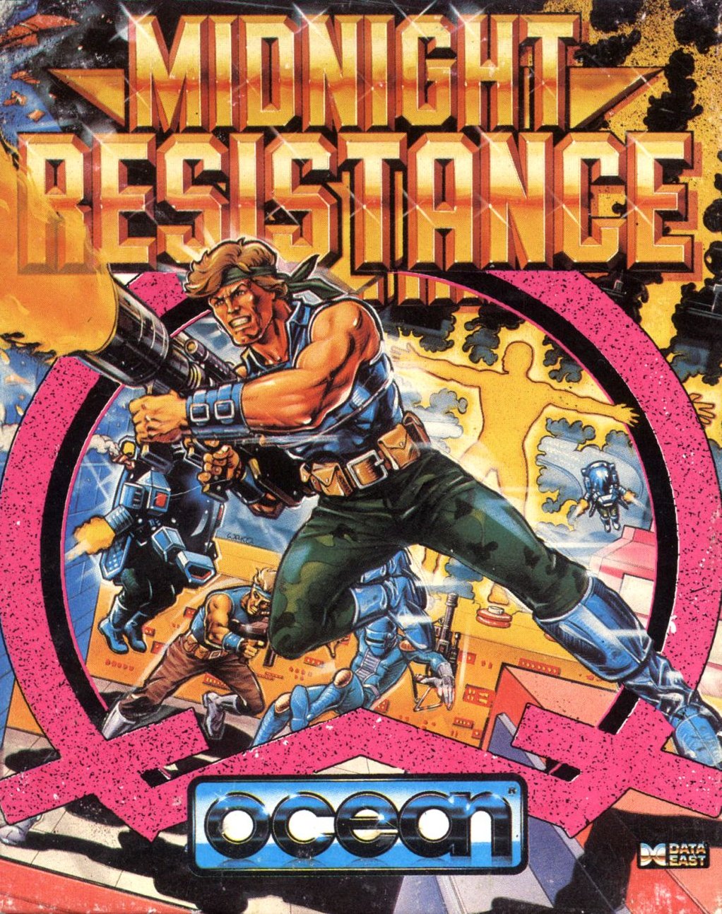 Midnight Resistance (1990) &mdash; C64 cassette inlay art by Bob Wakelin