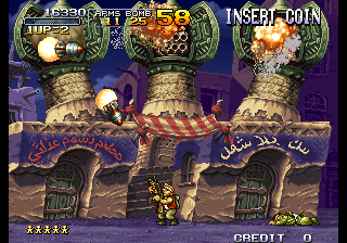 Metal Slug X (1999) - arcade screenshot showing the expanded vehicle roster including camel and elephant