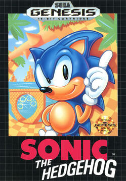 Sonic the Hedgehog (1991) Mega Drive box art - blue hedgehog on white background