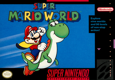 Super Mario World SNES box art - Mario, Yoshi and Princess Toadstool