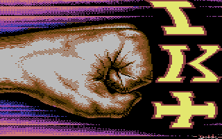 International Karate+ C64 - three fighters mid-combat on globe backdrop