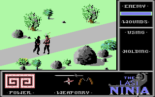 The Last Ninja C64 - combat on the bridge, Armakuni with nunchaku