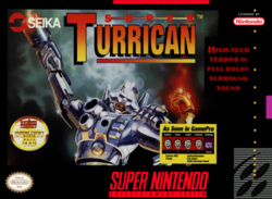 Super Turrican - SNES box art, 1993, Factor 5