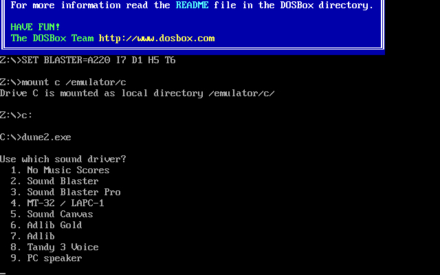 Dune II: The Building of a Dynasty in-game screenshot showing base construction, MS-DOS 1992